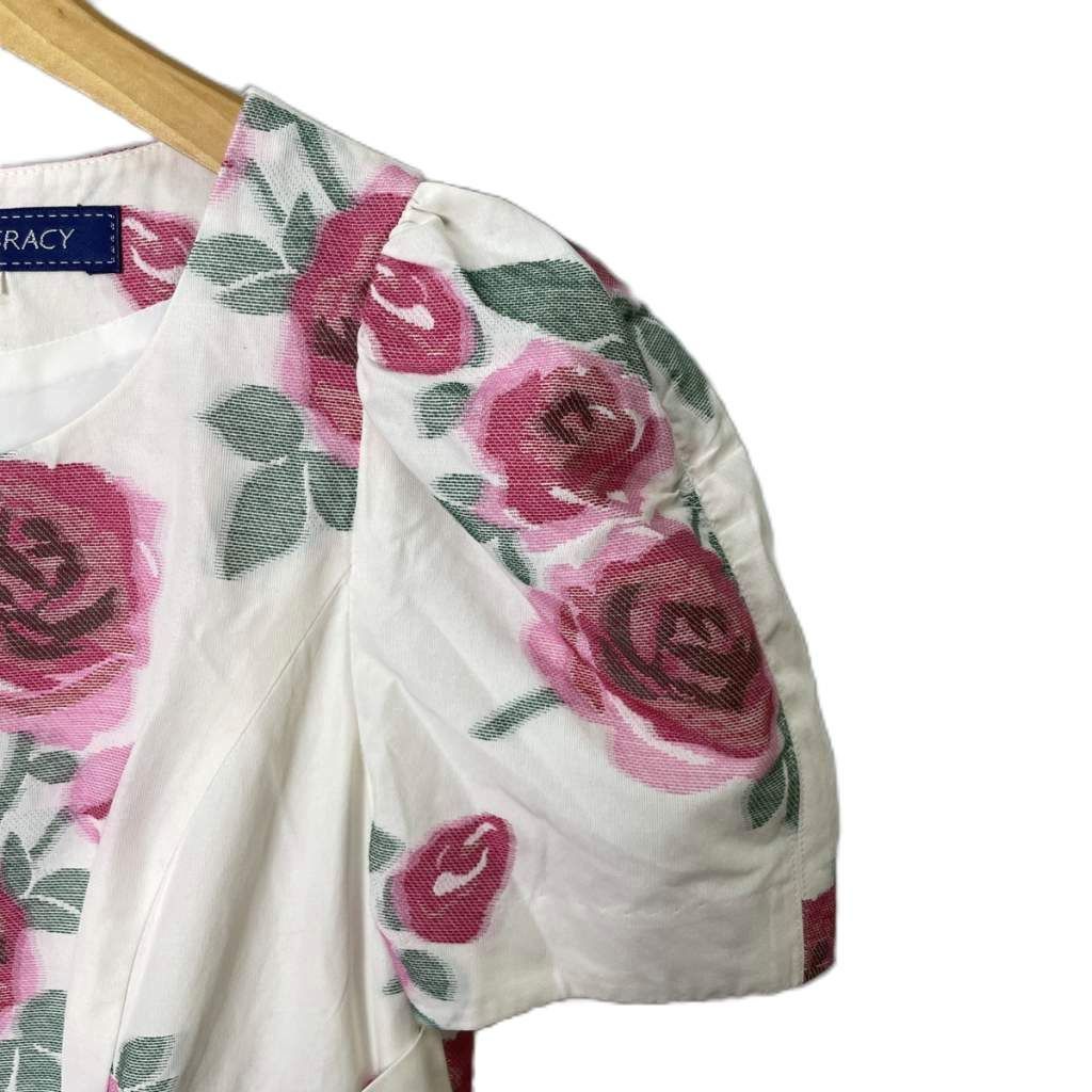 美品M' S GRACY エムズグレイシー　千鳥格子 リボン半袖ワンピース 38 エムズグレイシー リボン付千鳥格子花柄半袖ワンピース 黒白38 ra686