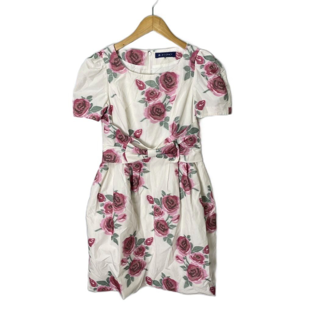 エムズグレイシー M'S GRACY 花柄 リボン ワンピース 半袖 ひざ丈 38