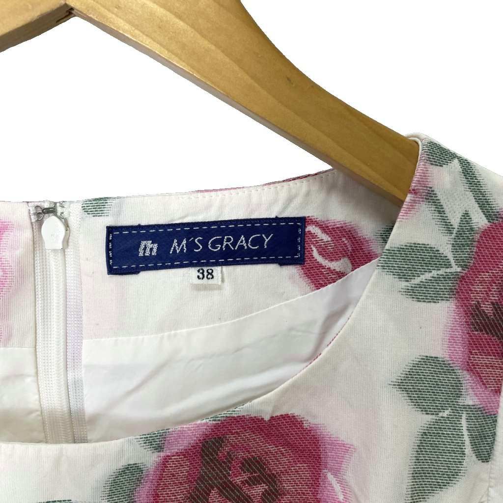エムズグレイシー M'S GRACY 花柄 リボン ワンピース 半袖 ひざ丈 38