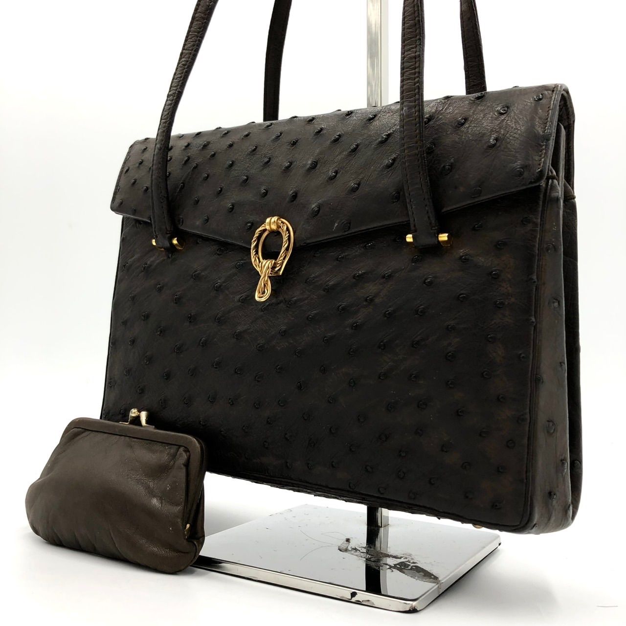 モラビト MORABITO オーストリッチ ハンドバッグ ダークブラウン 茶