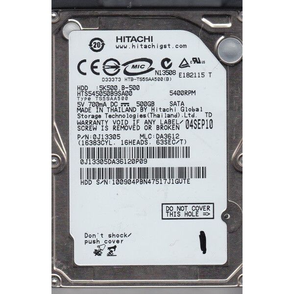 1年保証 再生品 Hitachi 500 GB SATA 2 5 Hard Drive 0 J 13305