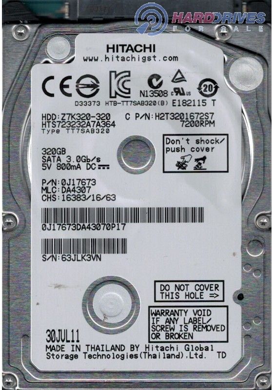 1年保証 再生品 0 J 17673 Hitachi 320 GB 3 Gbs 7200 RPM 2 5 Laptop Hard Drive