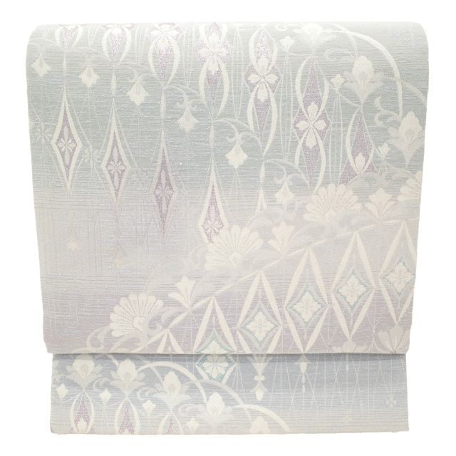 袋帯 フォーマル 正絹 京都 西陣 まいづる 門扉幻影文 ライトグレー地 ブルーグレー 薄紫 灰緑 段霞 洋風 シャンデリア 花文 銀糸 お洒落 春 秋 冬 仕立て上がり みやがわ sb 54894