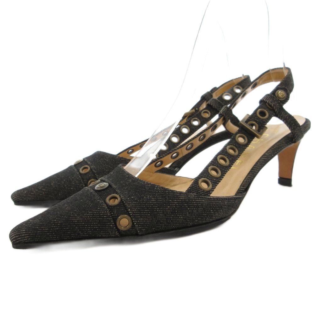 【良品】シャネル黒デニム ポインテッドトゥパンプス37ココマーク24cm シャネル CHANEL ココマーク ヒールサンダル デニムパンプス ポイン