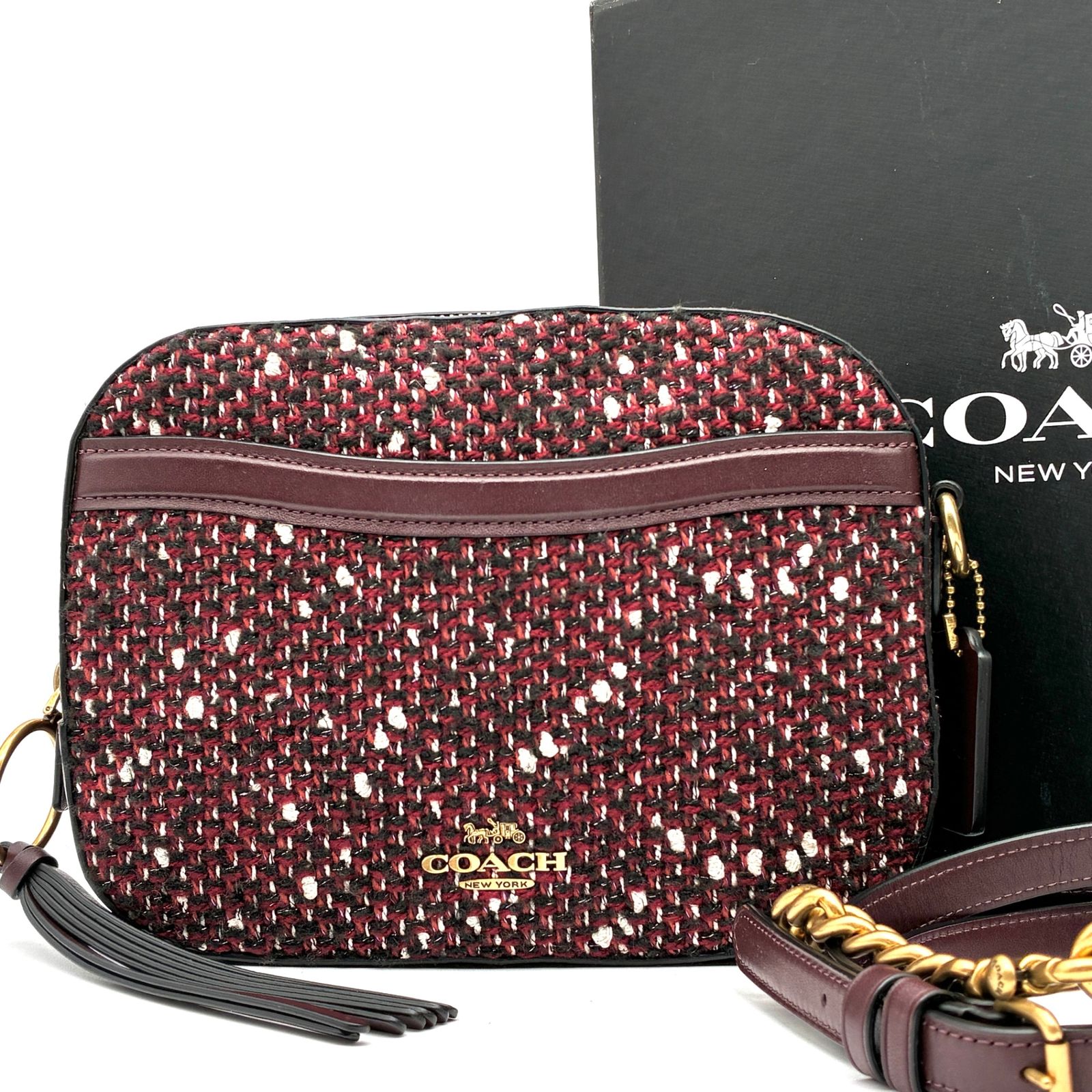 COACH コーチ ショルダーバッグ ツイード ラメ レザー ロゴ レディース ボルドー