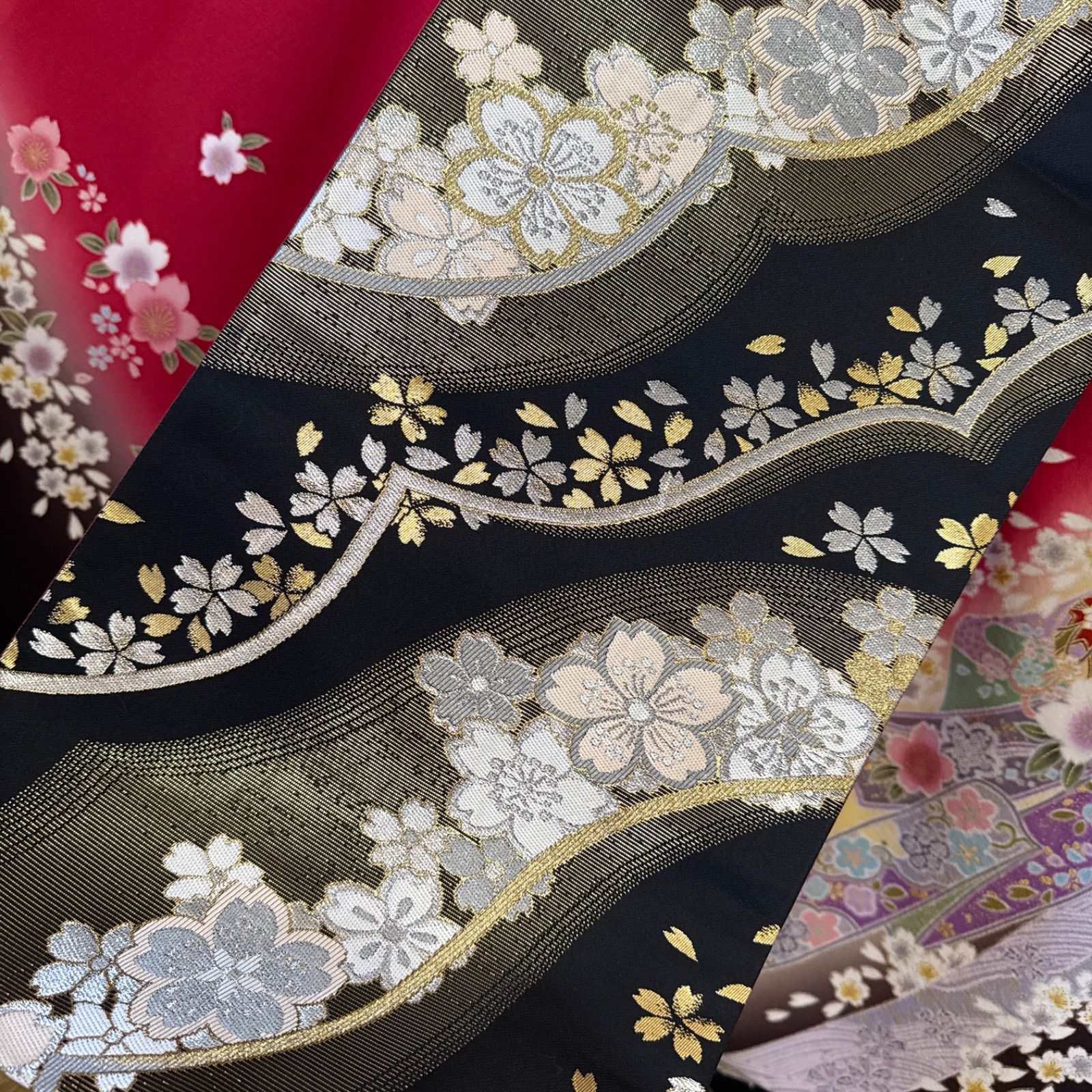  豪華振袖フルセットセット 6点 古典柄 金駒刺繍 枝垂れ桜 雪輪 束ね熨斗 鹿の子 金彩 ガード加工 正絹 振袖 着物