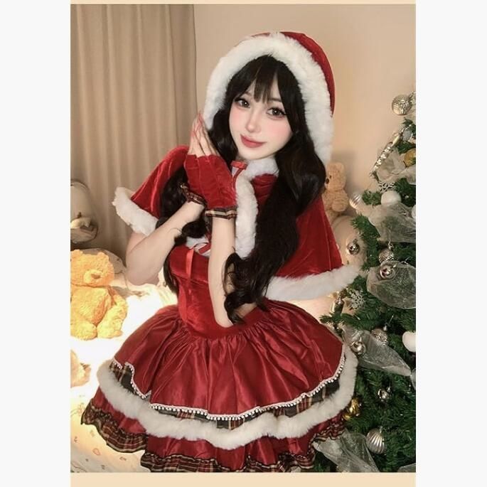 【新品·未使用】サンタ コスプレ レディース レッド 可愛い サンタコス 衣装 帽子 ケープ付き 2way クリスマス サンタクロース 仮装 コスチューム ホワイト 演出服 イベント パーティー 舞台 新年会
