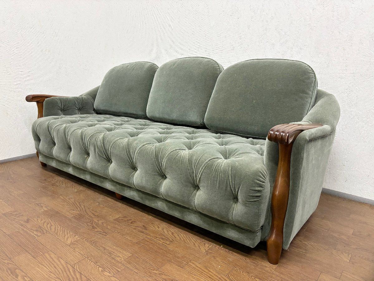 マルニ maruni ベルサイユ 3人掛けソファ トリプル 3 P ベルベット ベロア ロココ調 モケットグリーン 昭和レトロ ヴィンテージ 貝1346