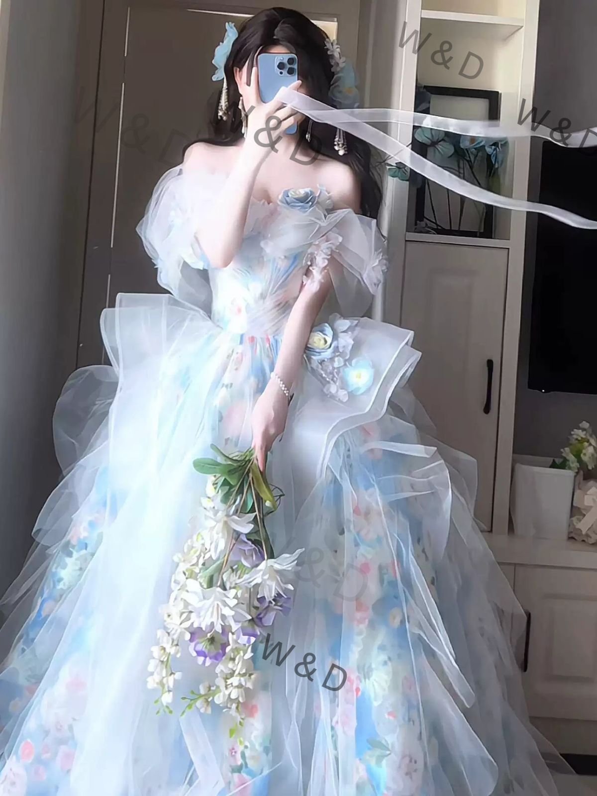 ブルー フェアリーテイル プリンセスドレス イブニングドレス 2025 エレガント 刺繍 レディース フォーマル パーティー 成人式 卒業式 おしゃれ ギフト 特別な日の輝きを夢のように彩る エレガントなプリンセスドレス