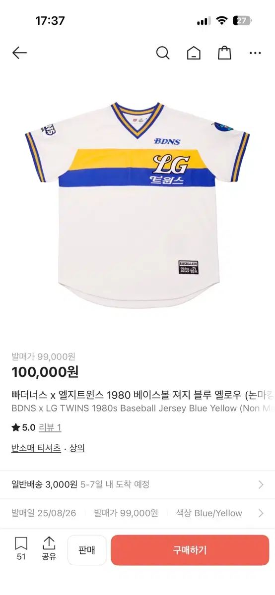 BDNS x LGツインズ 1980 ベースボール ジャージ ブルー イエロー ノンマーキング バージョン