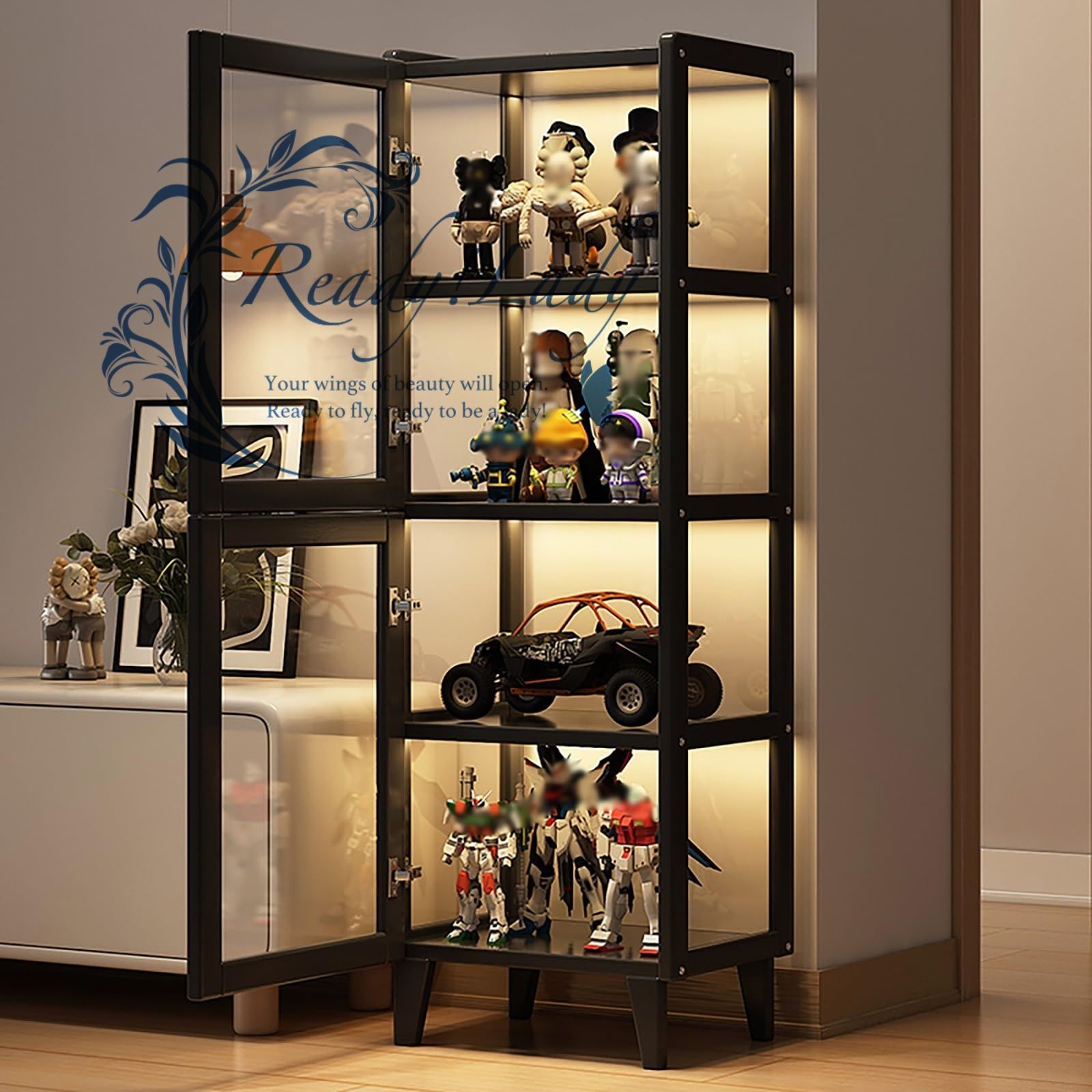 アクリルショーケース ショーケース ラック フィギュア 棚 ケース 木製 フィギュアケース 3 4階 両開きドアのデザイン 密閉防塵 大容量 組み立て式 多用途 キャビネット 透明パネル 42 x 33 136 cm