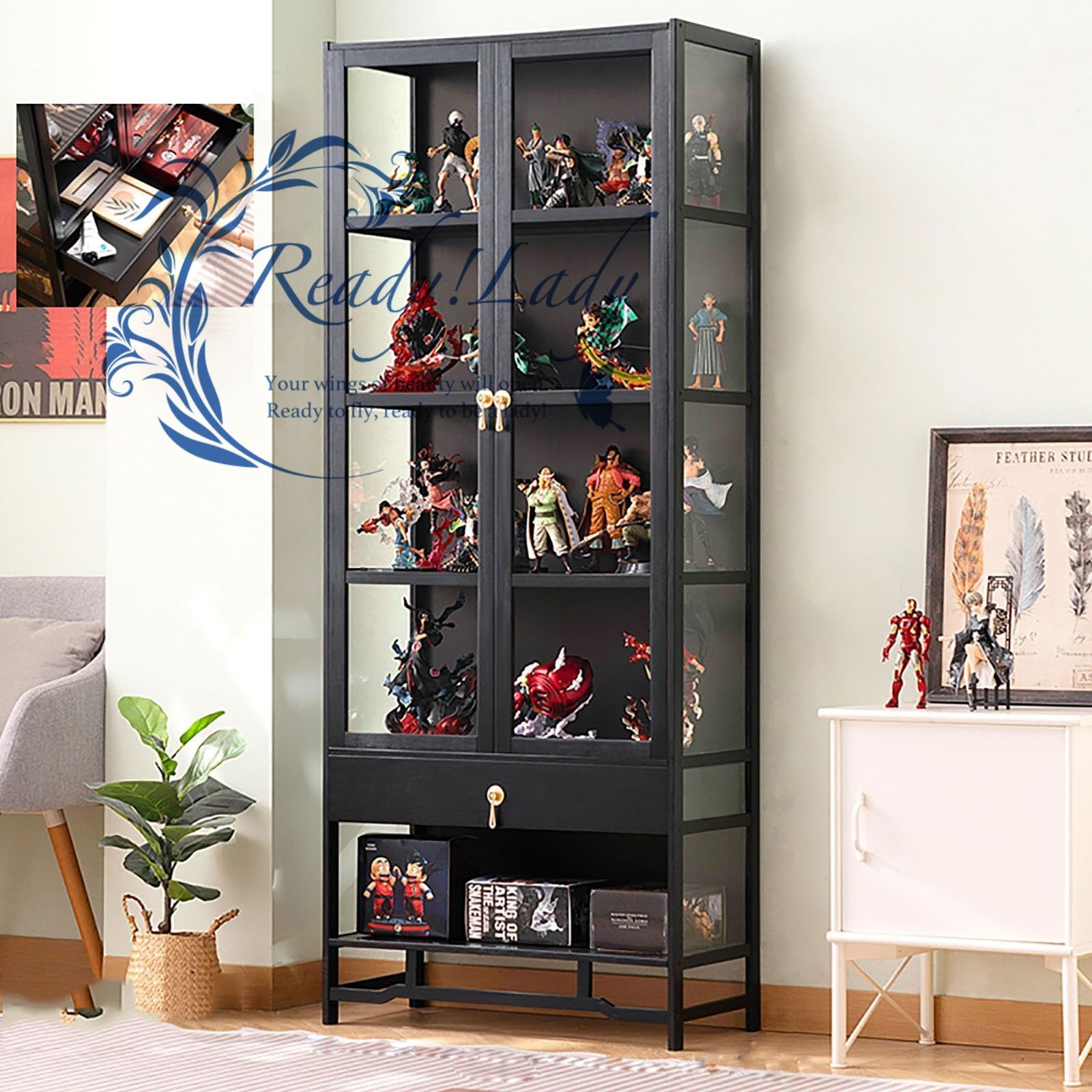 ケース フィギュアケース ショーケース キャビネット 竹枠 ボード ガラスケース フィギュア グッズ ラック 大容量のストレージ両開きドア 大容量 キ 70 33 170 cm 黑