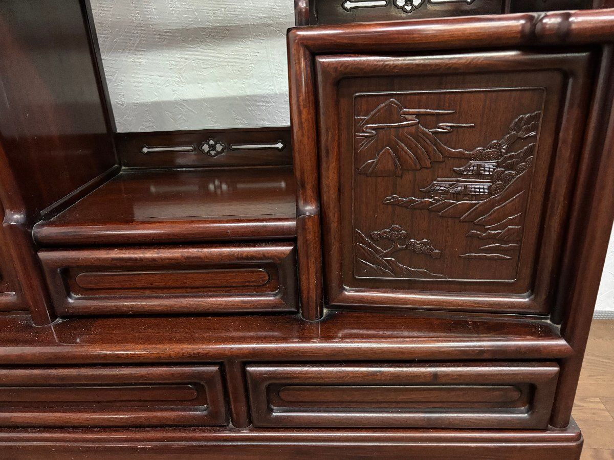 ○唐木家具 透かし彫り 飾り棚 茶棚 違い棚 茶箪笥 キャビネット