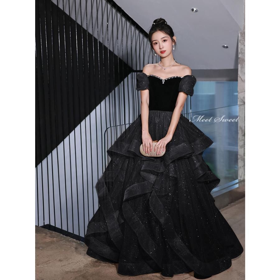 ドレス ブラック オフショルダー プリンセスドレス 結婚式 二次会 発表会 黒 ロングドレス ウェディングドレス ウエディングドレス イブニングドレス パーティードレス ステージドレス コンクール ブライダル フォーマルドレス 演奏会用ロングドレス