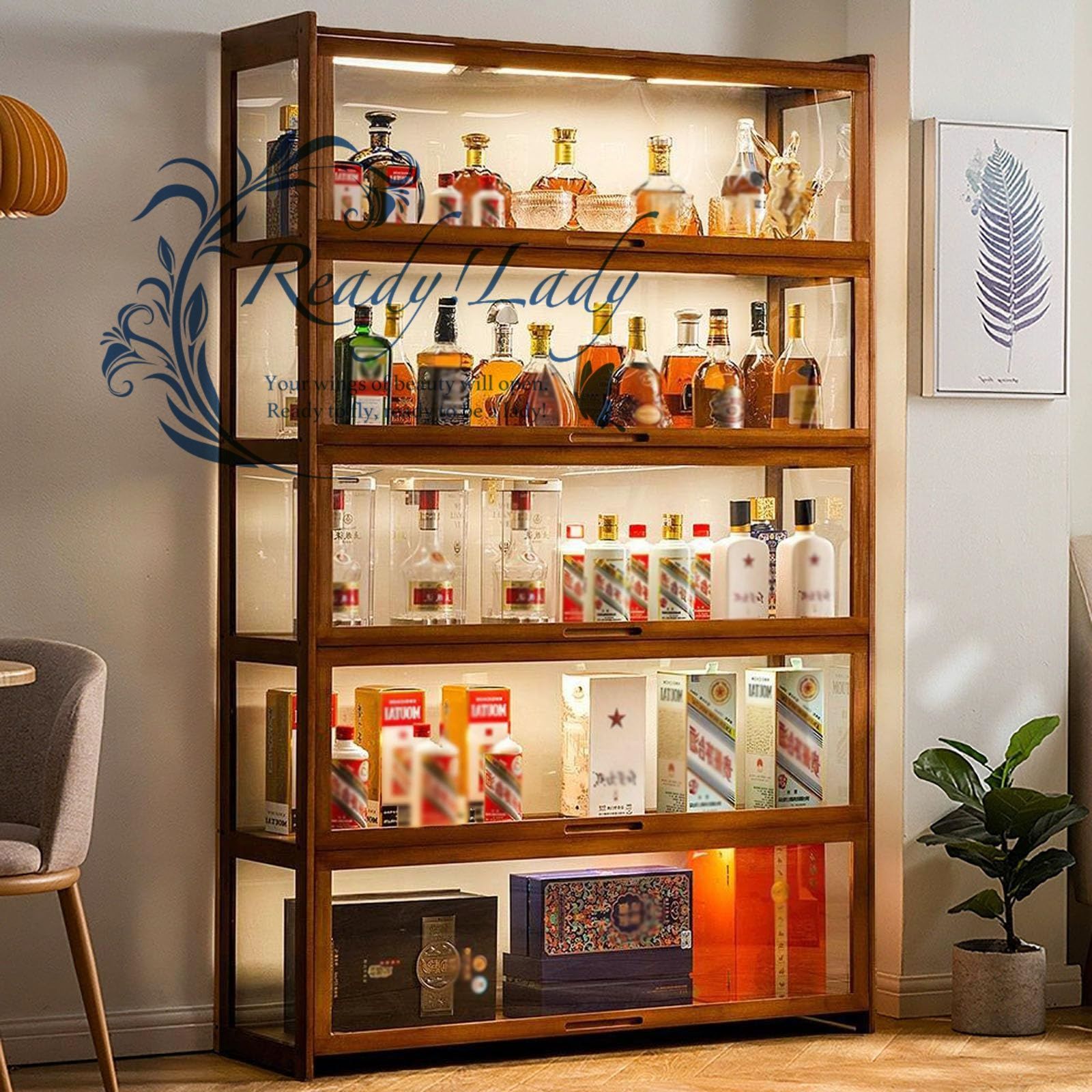 5層 透明食器棚 気密性と防塵性 フリップトップ収納キャビネット 天然竹製 濃木色枠 アクリ パネルキャビネット サイドボードキャビネット 防水でお手入れも簡単 家庭用壁面収納キャビネット お茶サイドキャビネットワインキャビネット ×34 cm