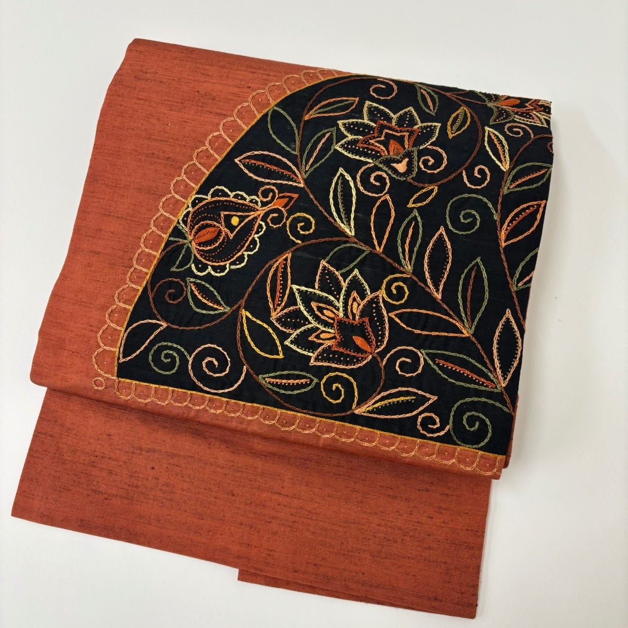 名古屋帯 刺繍の花唐草 紬 九寸 正絹 MA-2533 - メルカリ