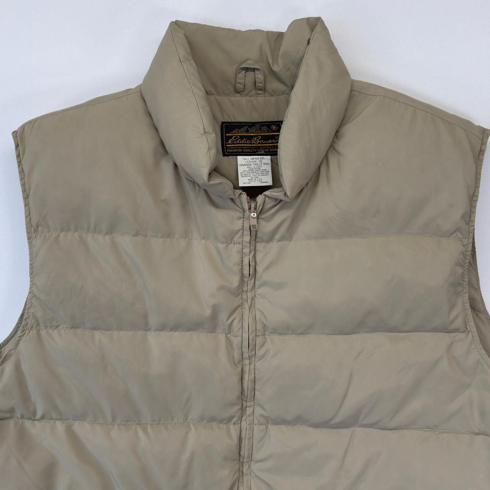 80's Eddie Bauer ベージュ/グリーン ダウンベスト L 黒タグ Eddie