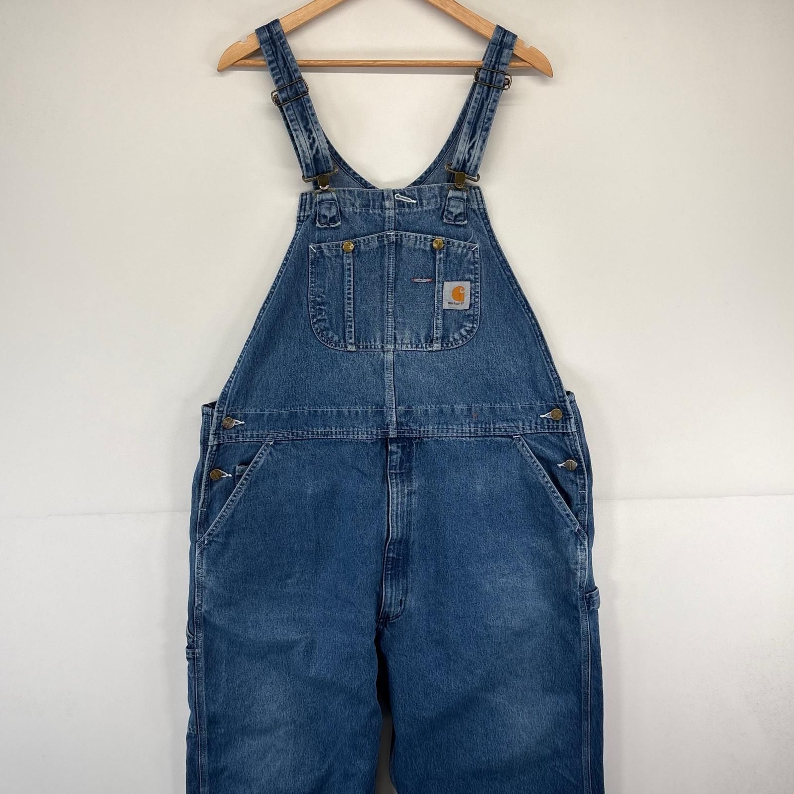 古着 カーハート Carhartt オーバーオール デニム 大きいサイズ ワンポイントロゴ ワーク w 44 L 30 ブルー メンズ