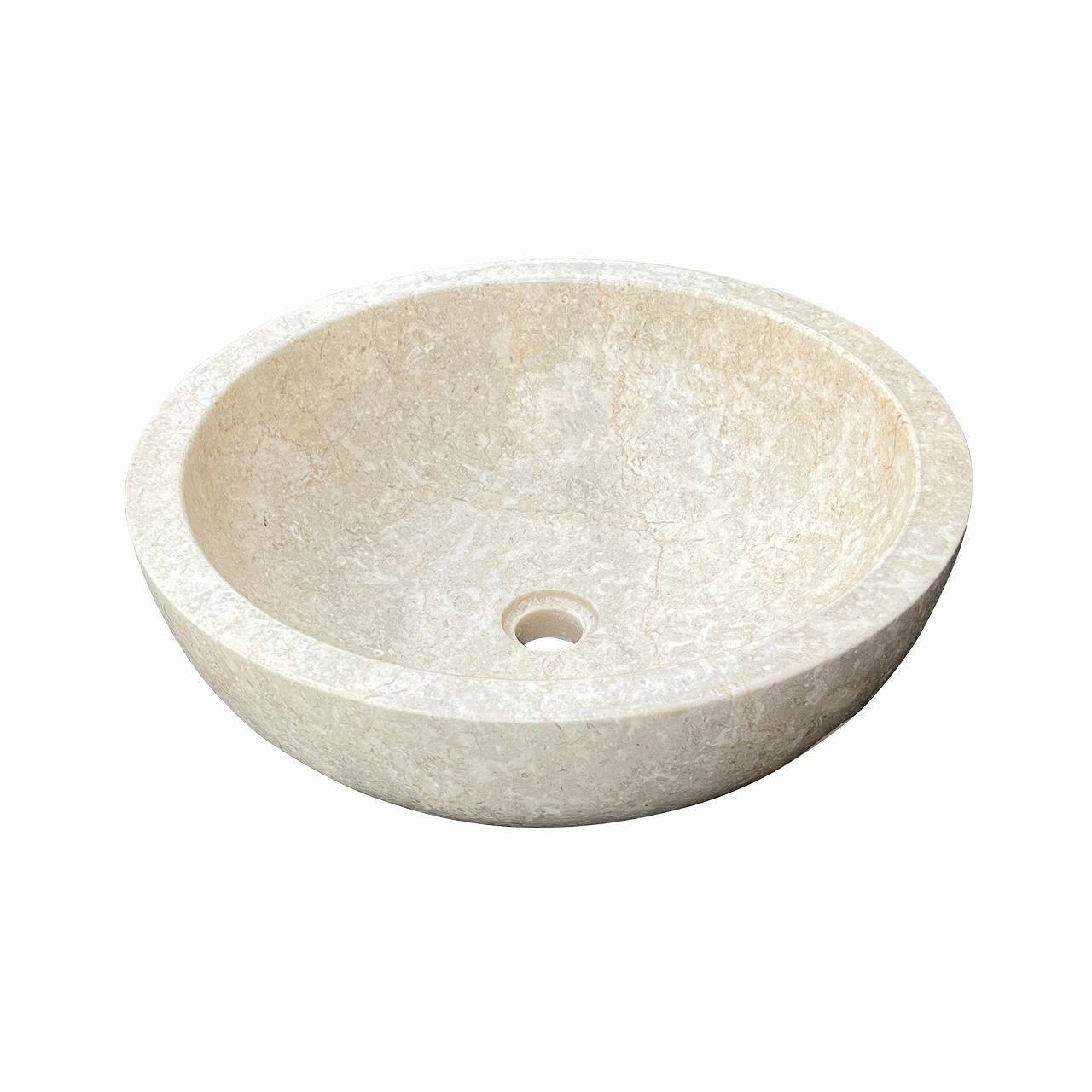 天然大理石 洗面ボウル 直径45 cmX高さ15 cm ベージュ ナチュラルマーブルストーン 洗面台 手洗い トイレ エクステリア ガーデン 立水栓水受け皿 シンク 丸鉢 排水栓 カクダイ4300-32付き DIY 250985