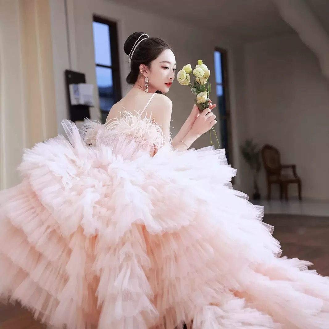 ドレス ロングドレス プリンセスドレス ピンク フリル 結婚式 二次会 発表会 演奏会 ウェディングドレス ウエディングドレス チュール イブニングドレス パーティードレス ステージドレス 披露宴 ブライダル チュチュ ティアード ビスチェ 花嫁