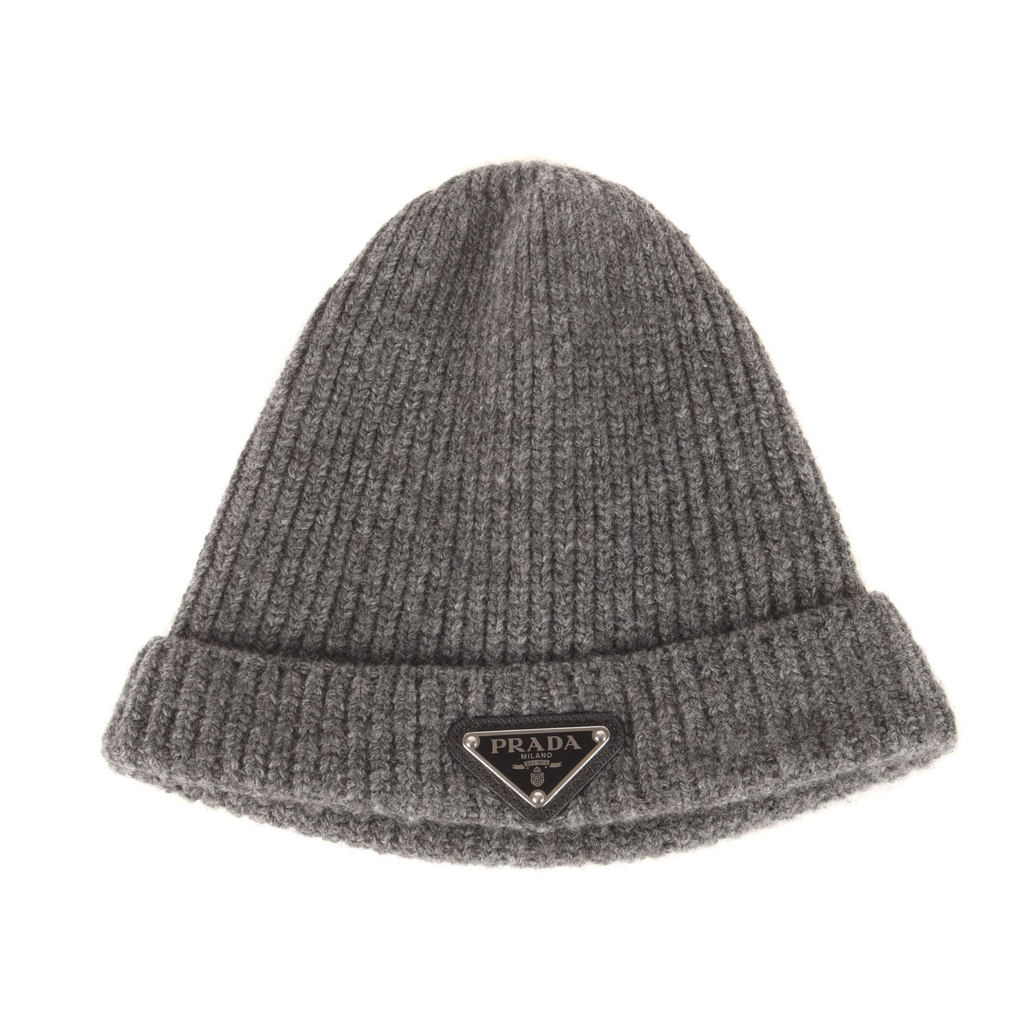 PRADA プラダ ビーニー グレー サイズ:S | 24AW トライアングルロゴプレート付き カシミヤウール ニット ビーニー (Wool cashmere  Knit Beanie) | イタリア製 | ブランド ニットキャップ 帽子【メンズ】【中古】 PRADA プラダ ビーニー グレー サイズ:S | 24AW トライアングルロゴ