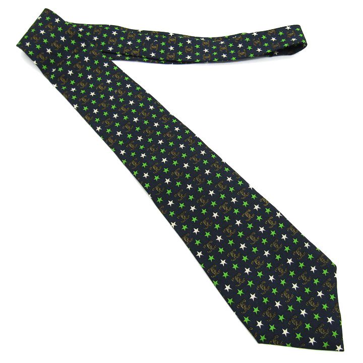 【美品】CHANEL シャネル ココマーク ロゴ 小紋柄 ネイビー ライトブルー シャネル ブランド ネクタイ ココマーク チェーン付 スター 星柄 小