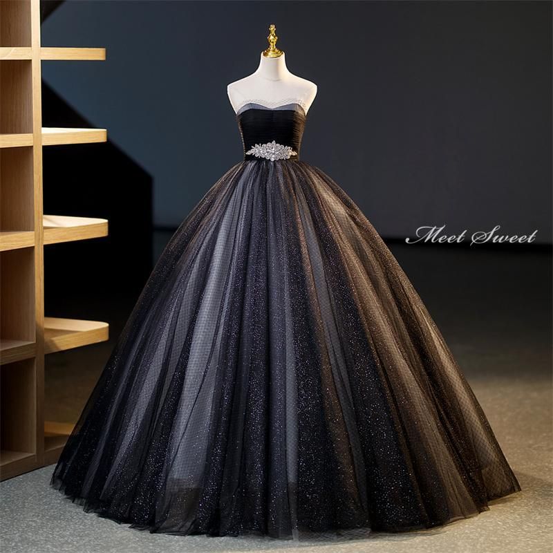 ドレス ロングドレス プリンセスドレス ブラック ビスチェ 結婚式 二次会 発表会 演奏会 ウェディングドレス ウエディングドレス コンサート ベアトップ パーティードレス ステージドレス 披露宴 コンクール ブライダル プロムドレス 黒 花嫁