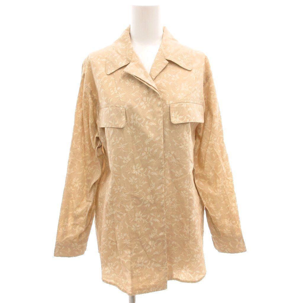 クリスチャンディオール Christian Dior ヴィンテージ オープン シャツ ブラウス 長袖 シルク混 M ベージュ 花柄 タック GV GY 53