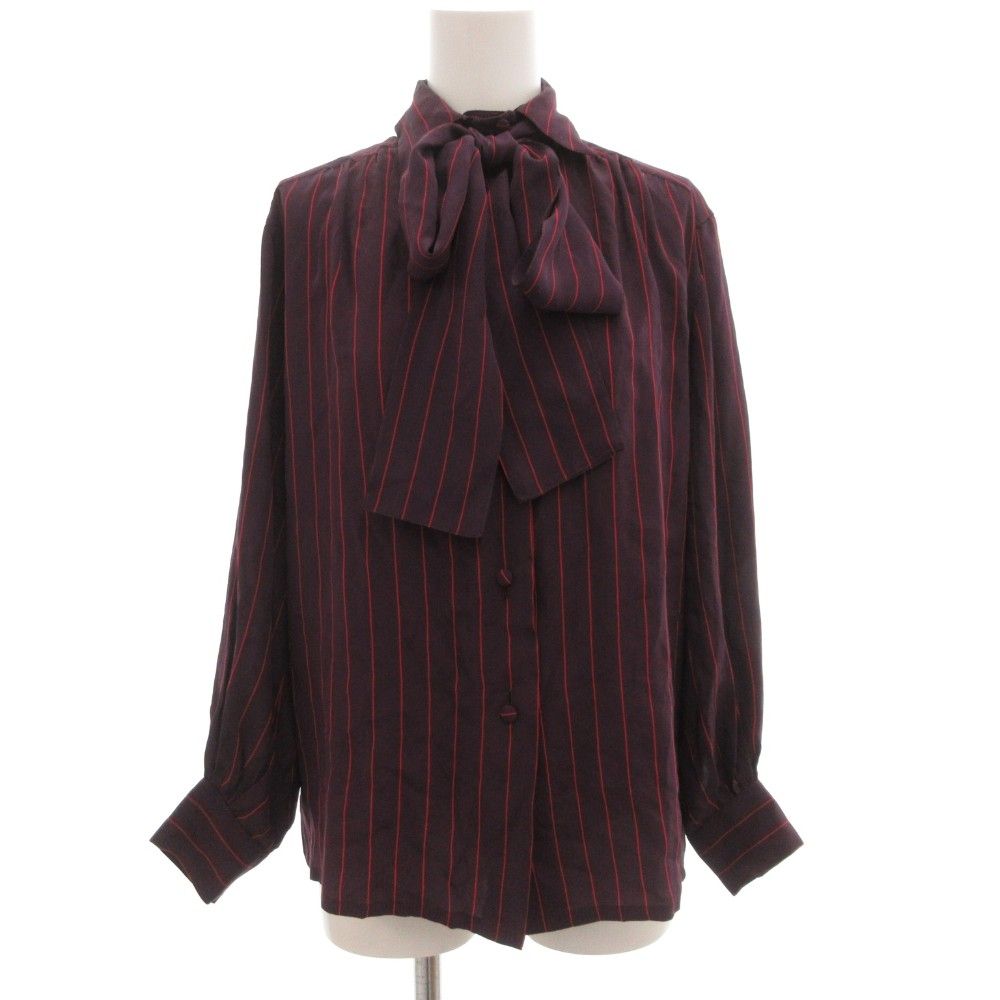 クリスチャンディオール Christian Dior ボウタイシャツ ブラウス 長袖 絹 シルク ストライプ 紫 パープル 赤 レッド GV GY 53