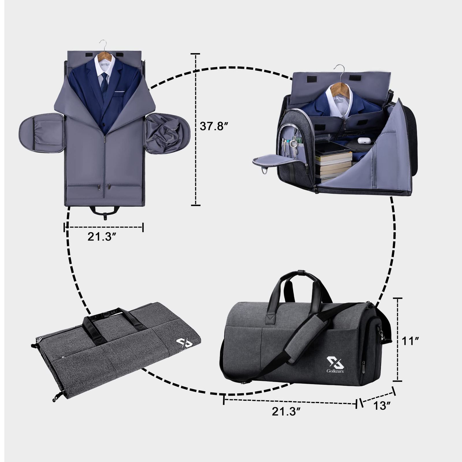 Golkcurx コンバーチブルガーメントバッグ 旅行用 キャリーオンガーメントダッフルバッグ シューズコンパートメント付き 取り外し なショルダーストラップ-2イン1 男女兼用 ブラック 事務用品小物 その他 