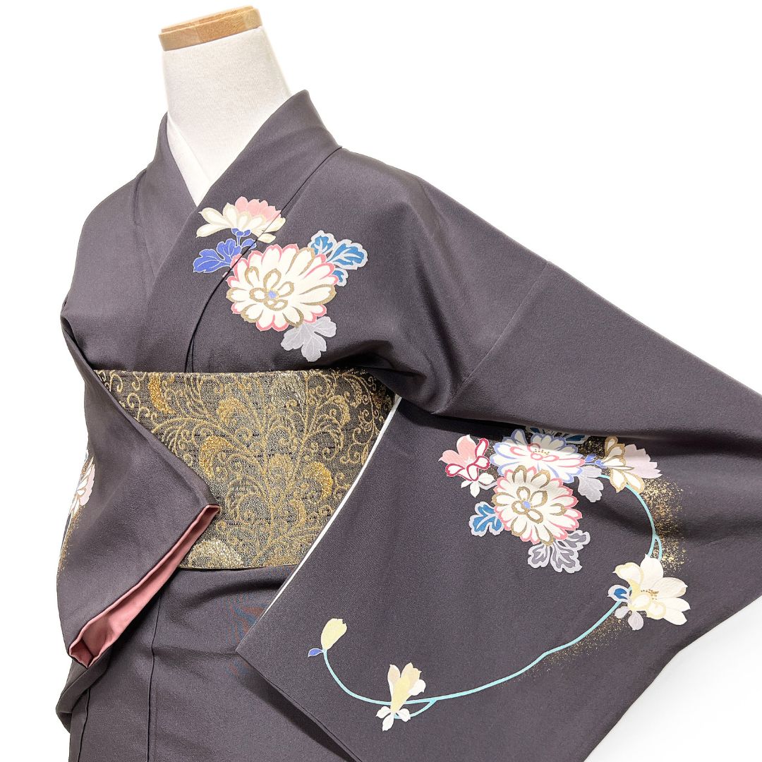 付け下げ 菊花 百合 金駒刺繍 金彩 紋無し 着物 123 b d ms