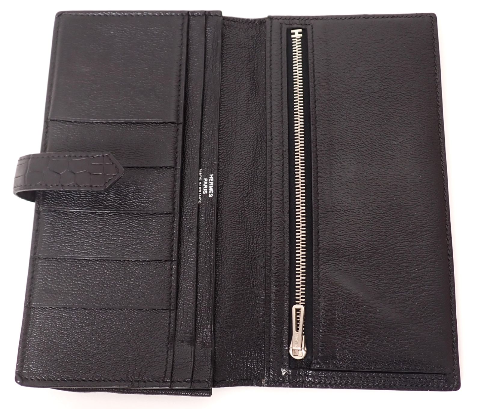 HERMES(エルメス) ベアン スフレ□P刻印 クロコダイル 鰐革 長財布 シルバー金具 メンズ ブラック 黒 HERMES(エルメス) ベアン スフレ□P刻印 クロコダイル 鰐革 長財布