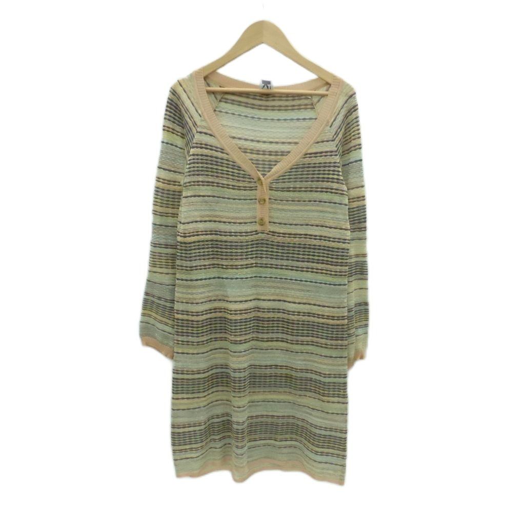 ミッソーニ MISSONI サマーニットワンピース Vネック 長袖 ひざ丈 38 M マルチ ベージュ HO 14 GY 61