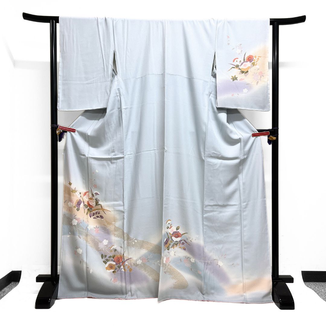 未着用 訪問着 金駒刺繍 梅 桜 楓 紋無し ライトブルー 着物 123 b d ms