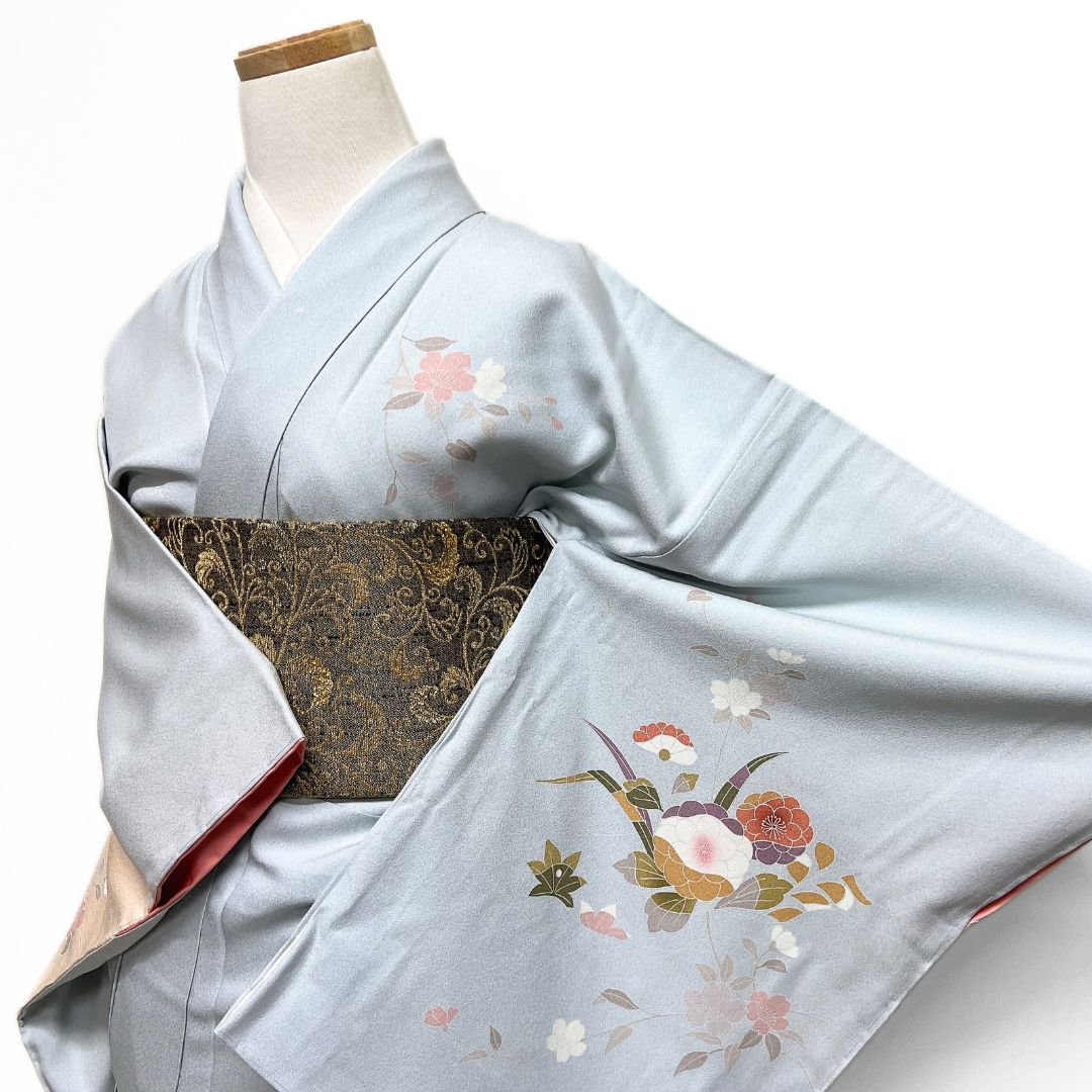 未着用 訪問着 金駒刺繍 梅 桜 紋無し ライトブルー 着物 123b d ms