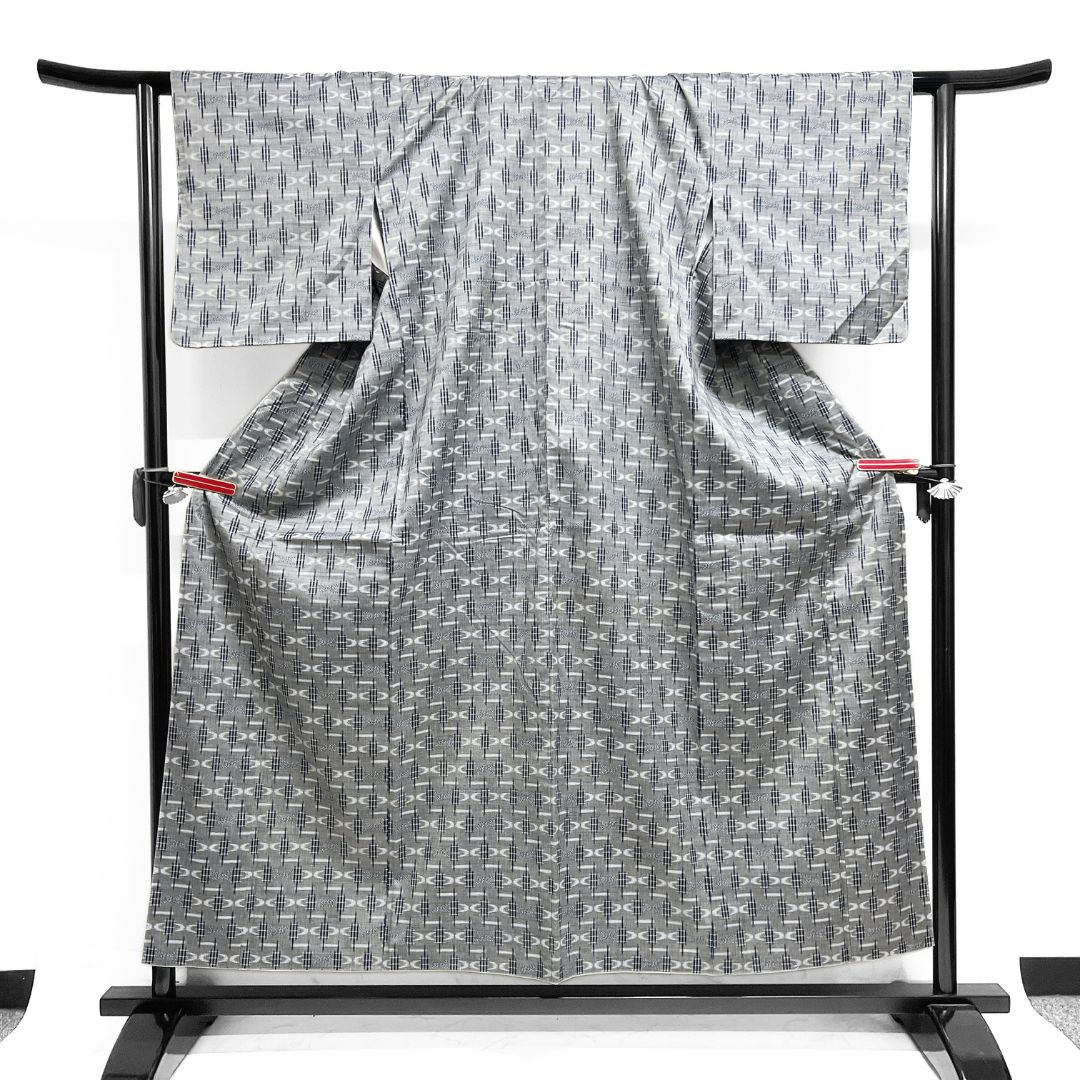 小紋 紬 琉球絣 藍染め グレー ブルー お洒落 着物 123 b d ms