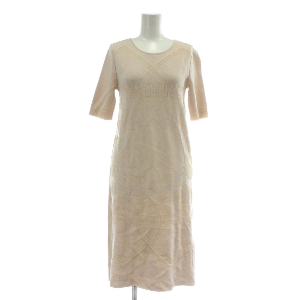 サルヴァトーレフェラガモ Salvatore Ferragamo ワンピース ニット ウール混 シルク混 五分袖 ひざ丈 クルーネック 総柄 XS ベージュ XZ