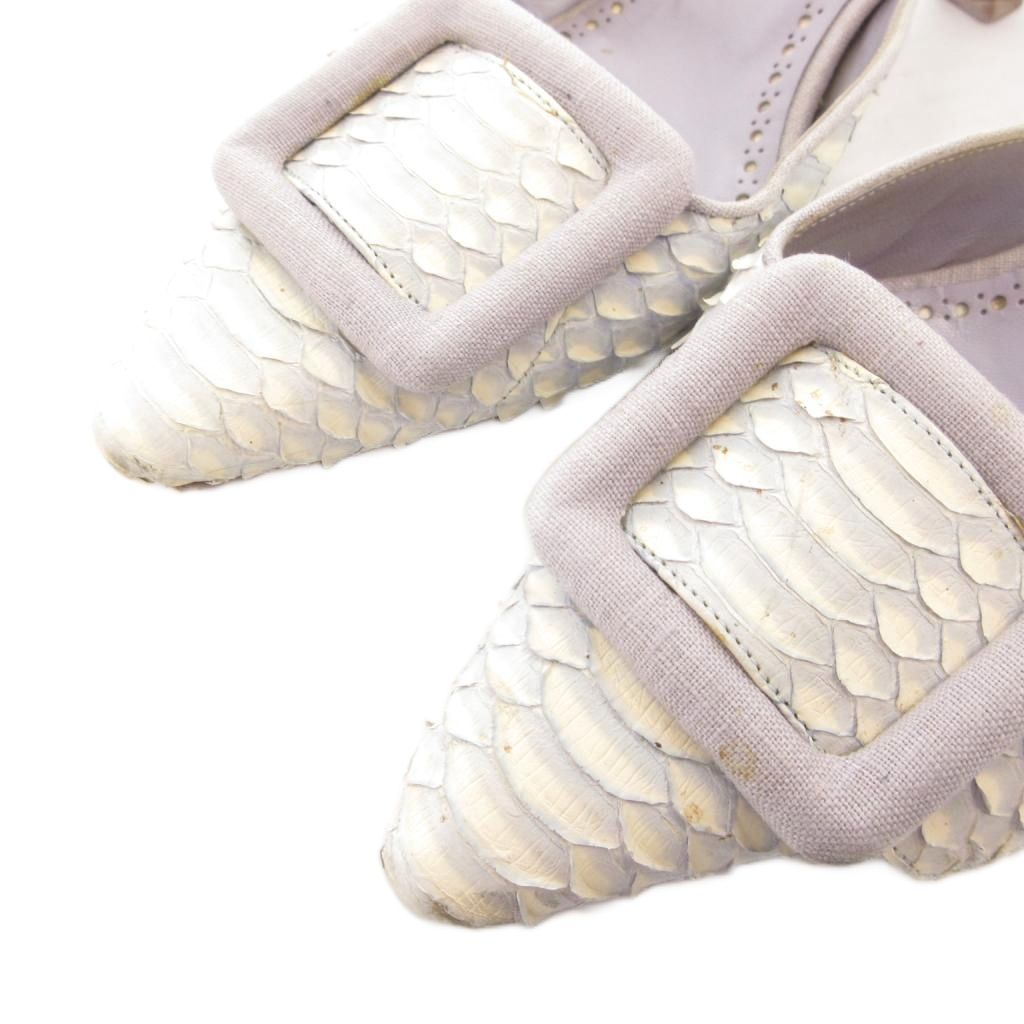 マノロブラニク MANOLO BLAHNIK メイ ミュール ヒールサンダル パイソン型押し レザー ポインテッドトゥ バックル 35 5 紫 パープル 白 ホワイト GV GY 62 グレー系 ミュール 