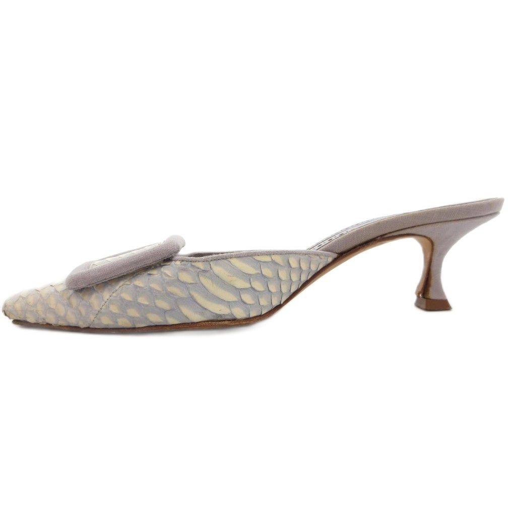 マノロブラニク MANOLO BLAHNIK メイ ミュール ヒールサンダル パイソン型押し レザー ポインテッドトゥ バックル 35.5 紫 パープル 白 ホワイト GV GY 62