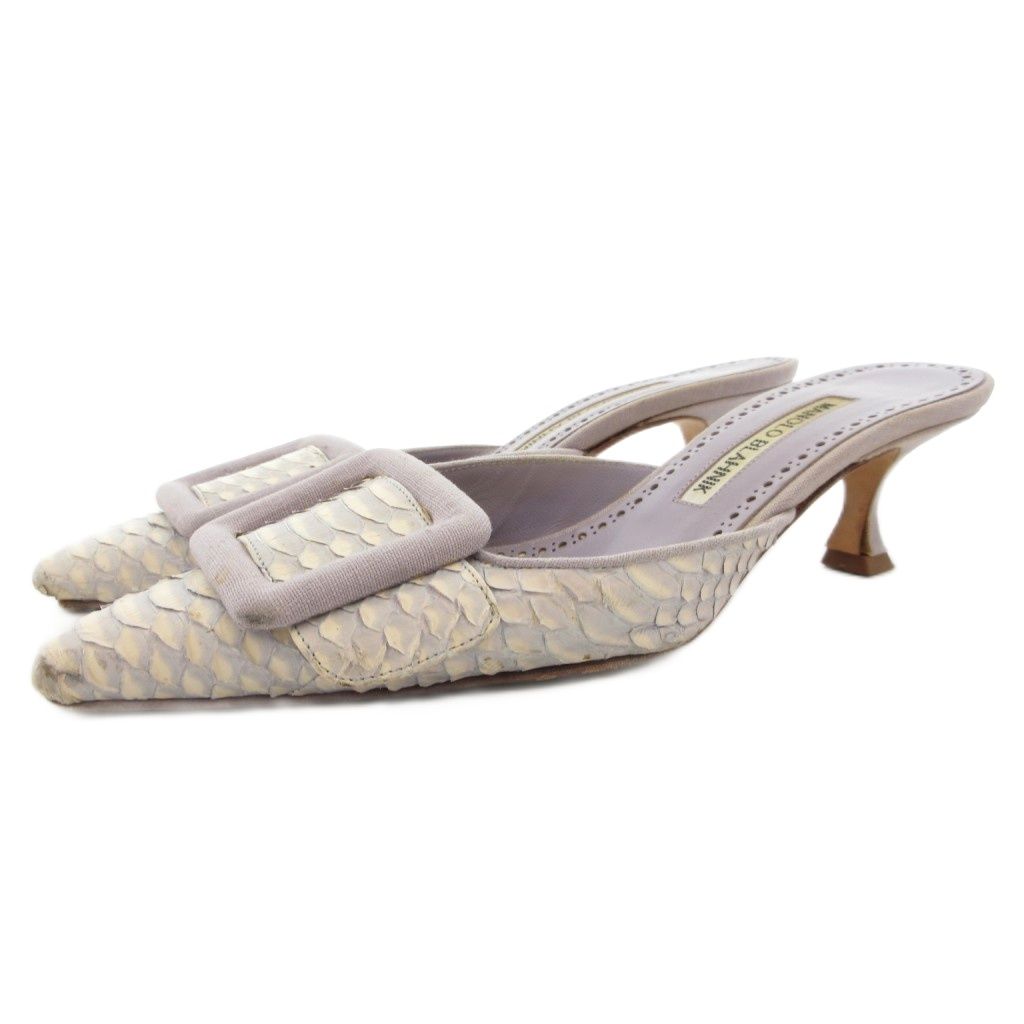 マノロブラニク MANOLO BLAHNIK メイ ミュール ヒールサンダル パイソン型押し レザー ポインテッドトゥ バックル 35 5 紫 パープル 白 ホワイト GV GY 62