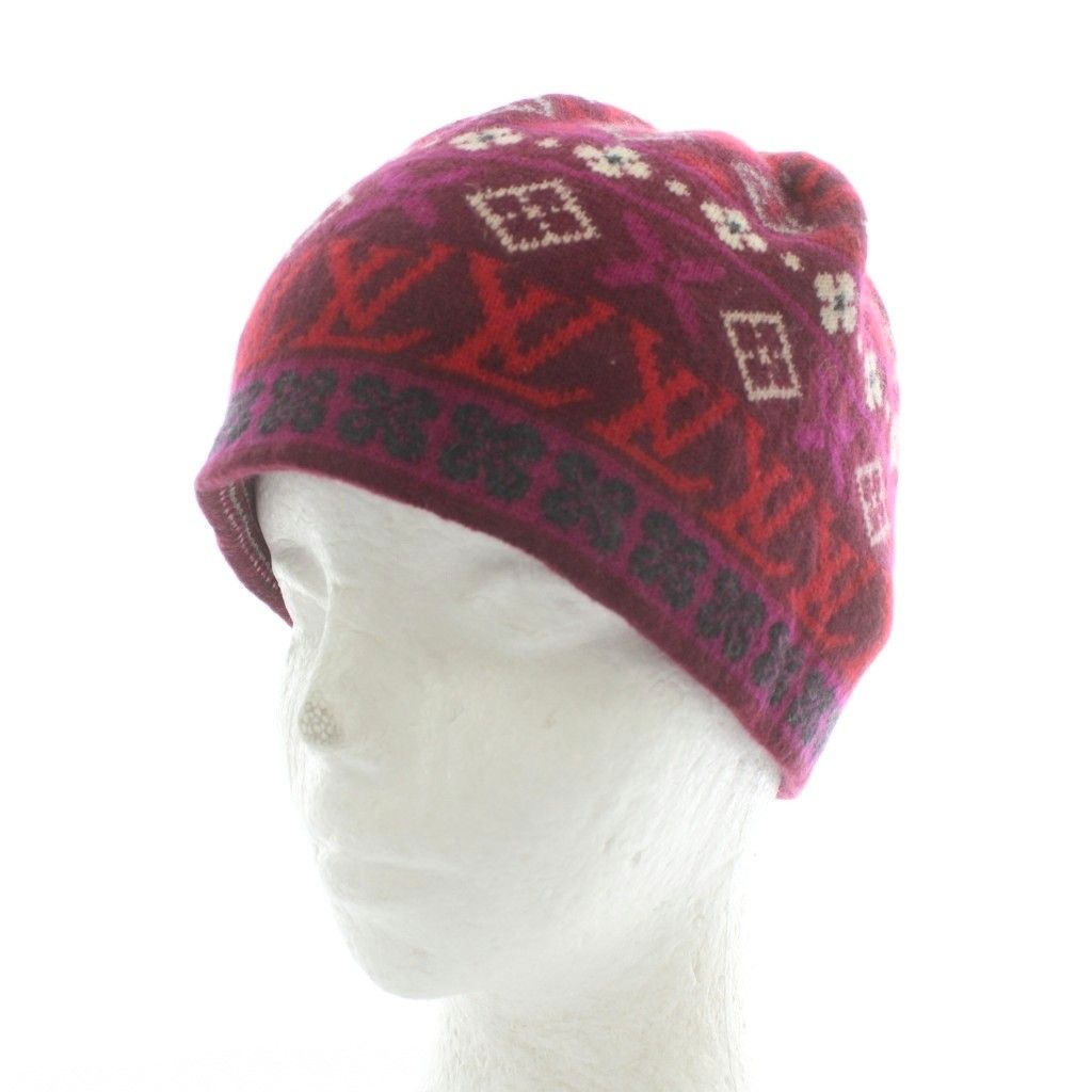 ルイヴィトン LOUIS VUITTON 帽子 ニット帽 ビーニー カシミヤ モノグラム ロゴ 総柄 6 8 紫 パープル 赤 レッド XZ OH
