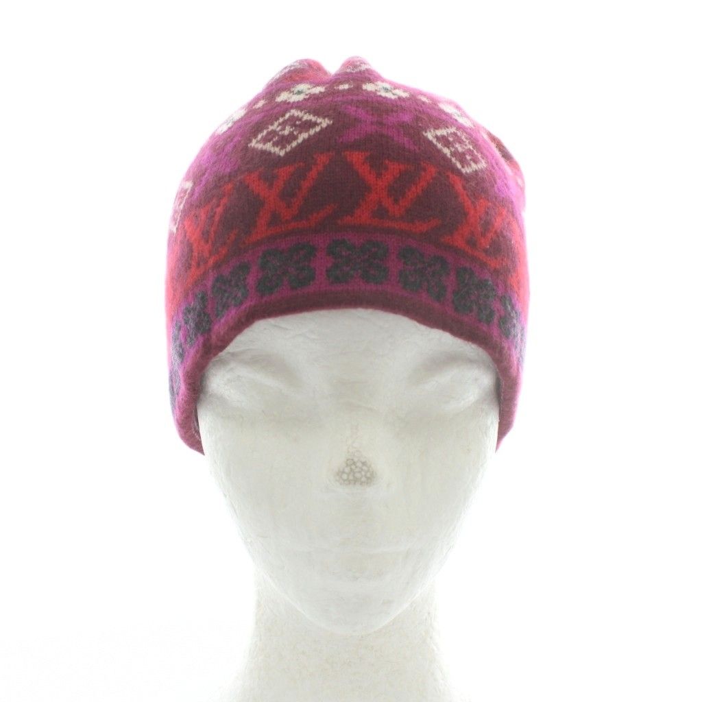 ルイヴィトン LOUIS VUITTON 帽子 ニット帽 ビーニー カシミヤ モノグラム ロゴ 総柄 6 8 紫 パープル 赤 レッド XZ OH