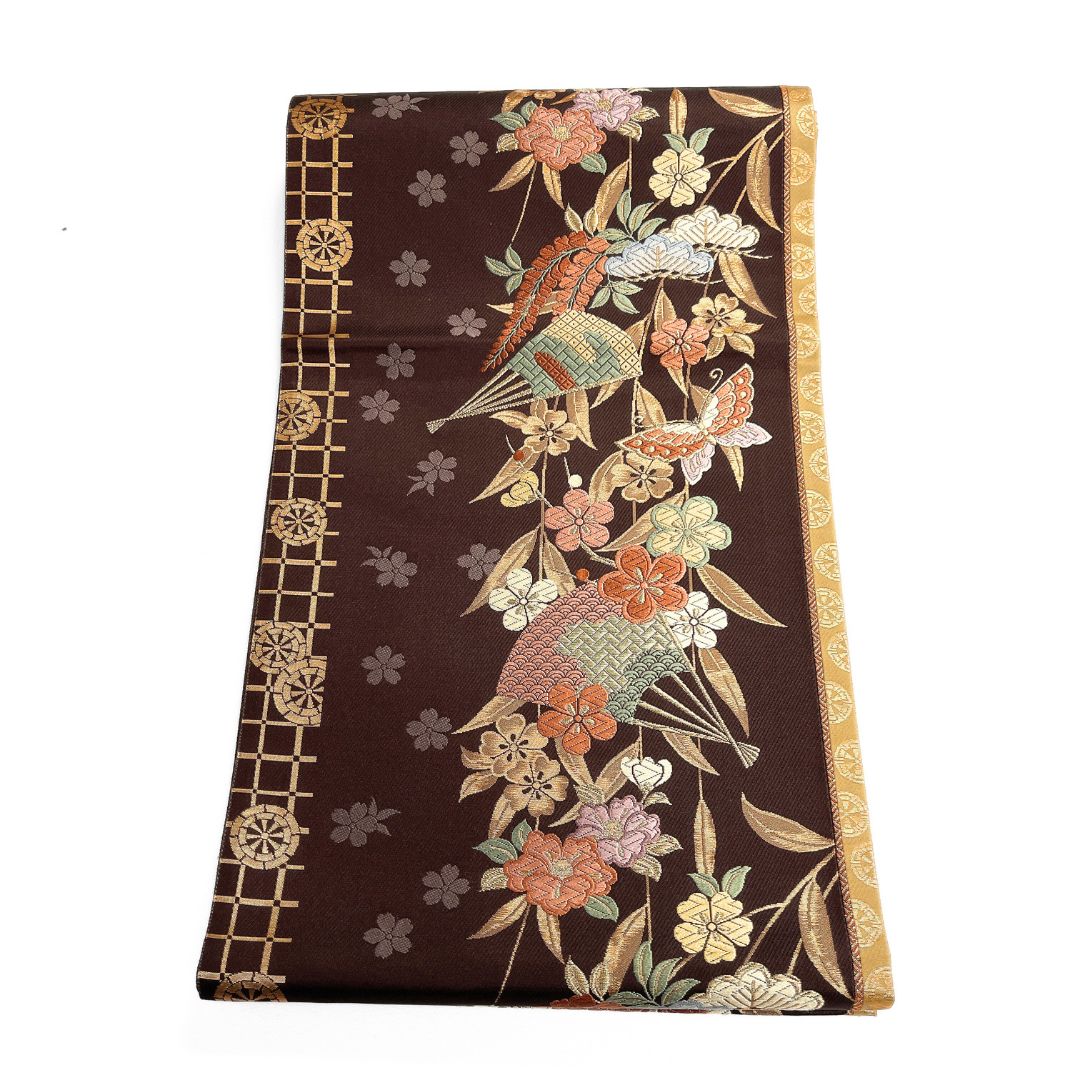 未着用 袋帯 金糸 扇 車輪 格子 蝶 椿 枝垂れ桜 着物 123 b d ms