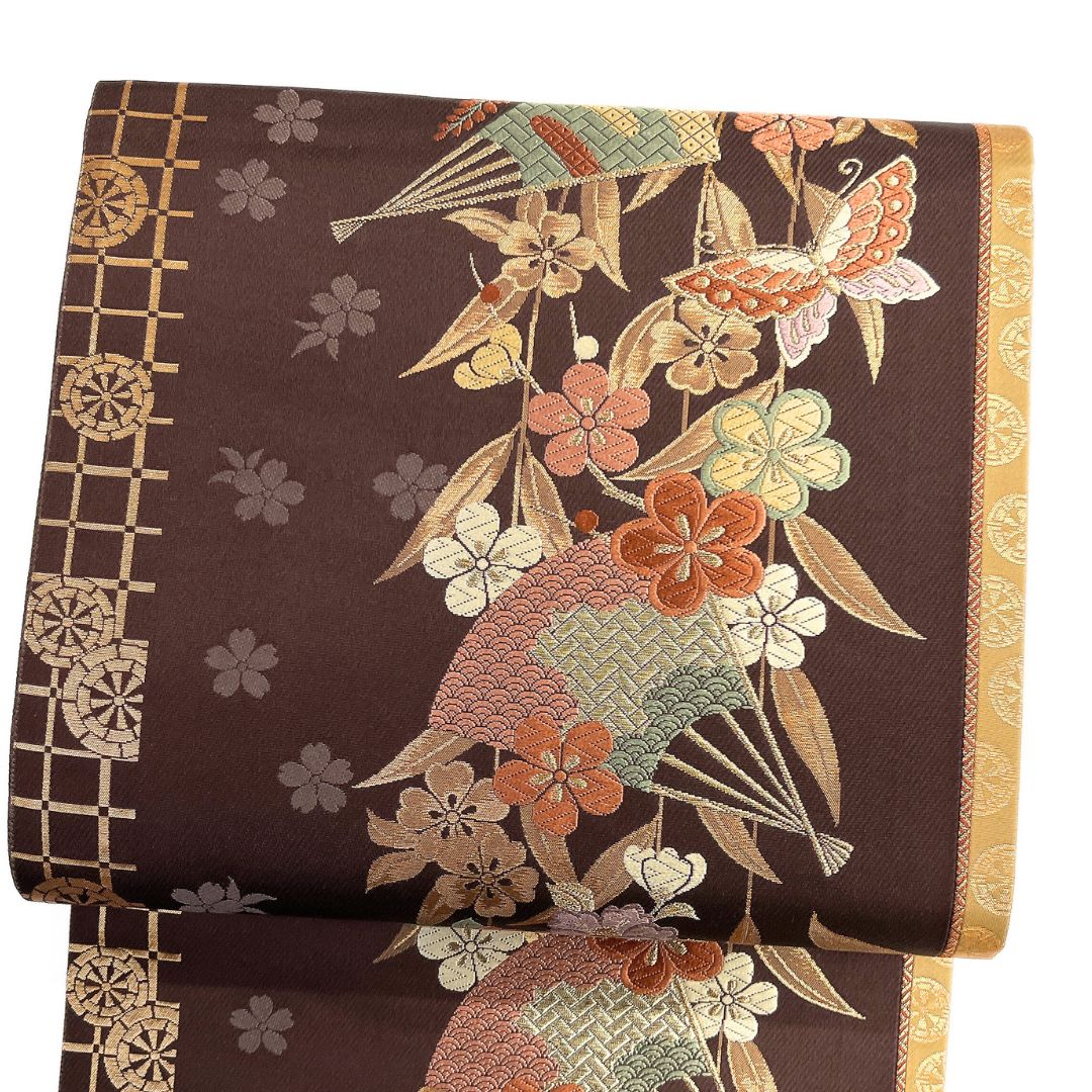 未着用 袋帯 金糸 扇 車輪 格子 蝶 椿 枝垂れ桜 着物 123 b d ms