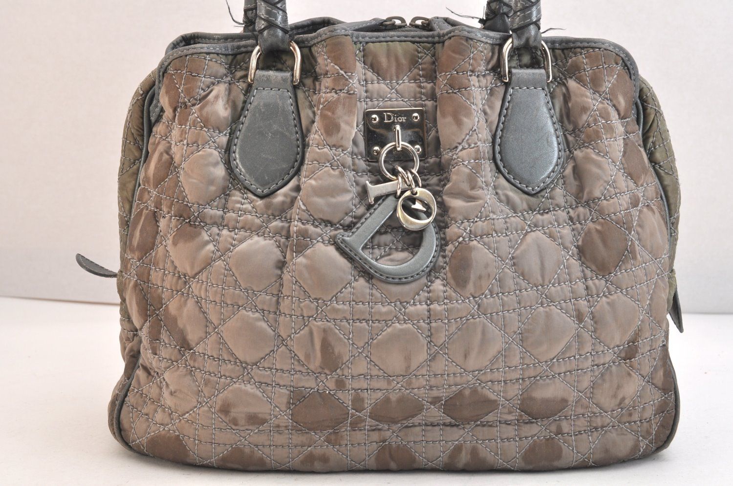 Christian Dior ディオール カナージュ ナイロン レザー ハンドバッグ グレー CD 4876 N