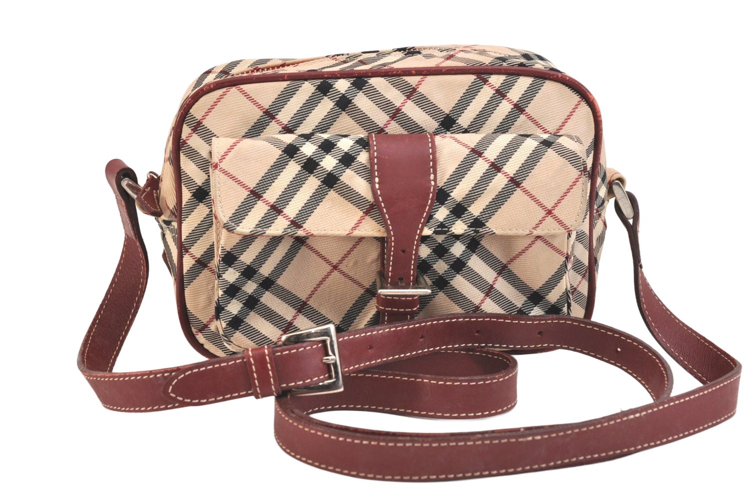 BLUE LABEL バーバリーブルーレーベル チェック柄 ショルダーバッグ ナイロン レザー ベージュ 5057 N