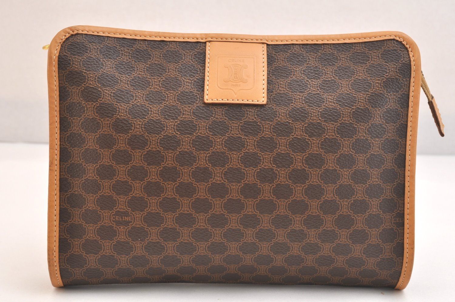 CELINE セリーヌ マカダム ブラゾン 模様 クラッチハンドバッグ ピーブイシー レザー ブラウン 5084 N