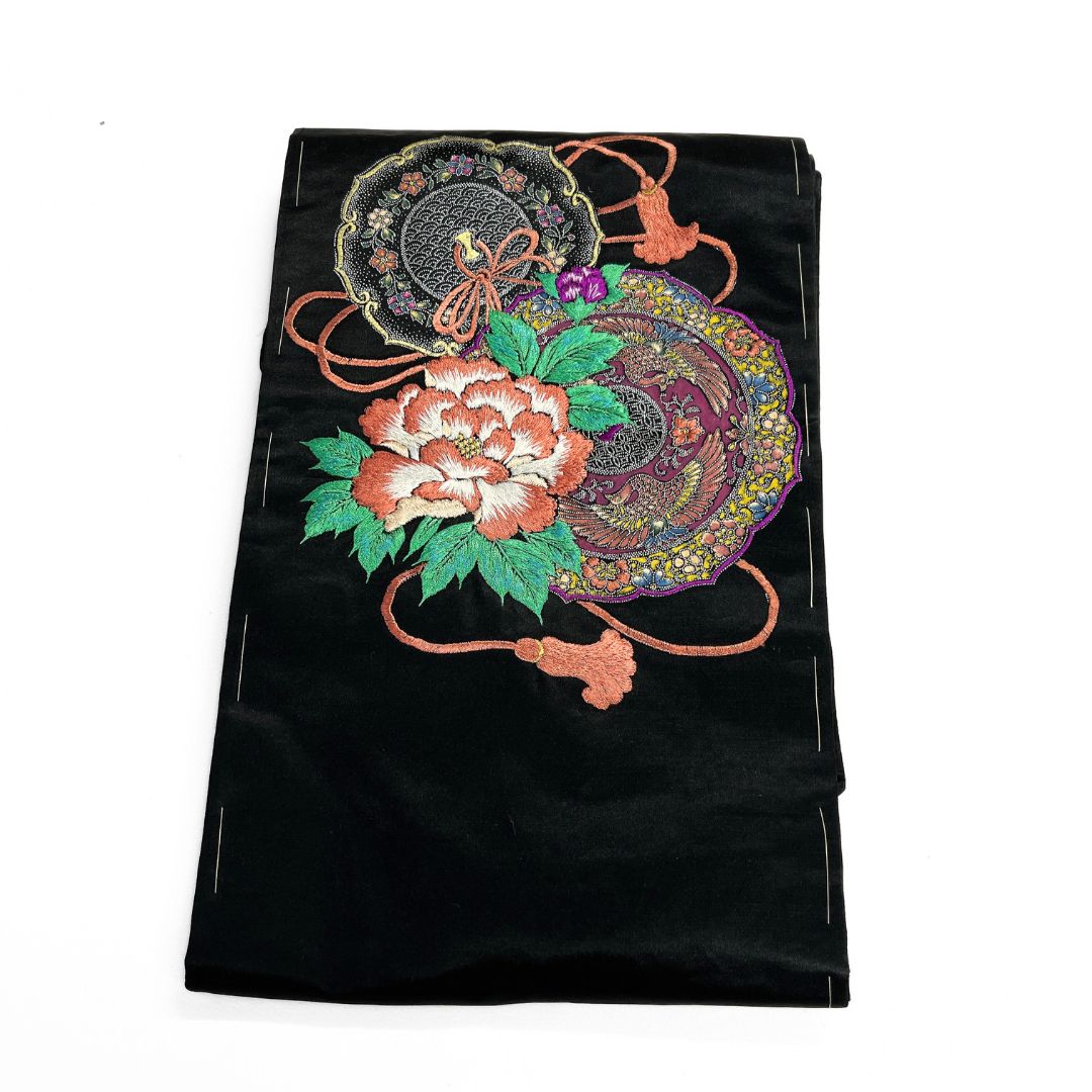 アンティーク 名古屋帯 銀彩 刺繍 鏡裏 牡丹 鳳凰 着物 123 b d ms