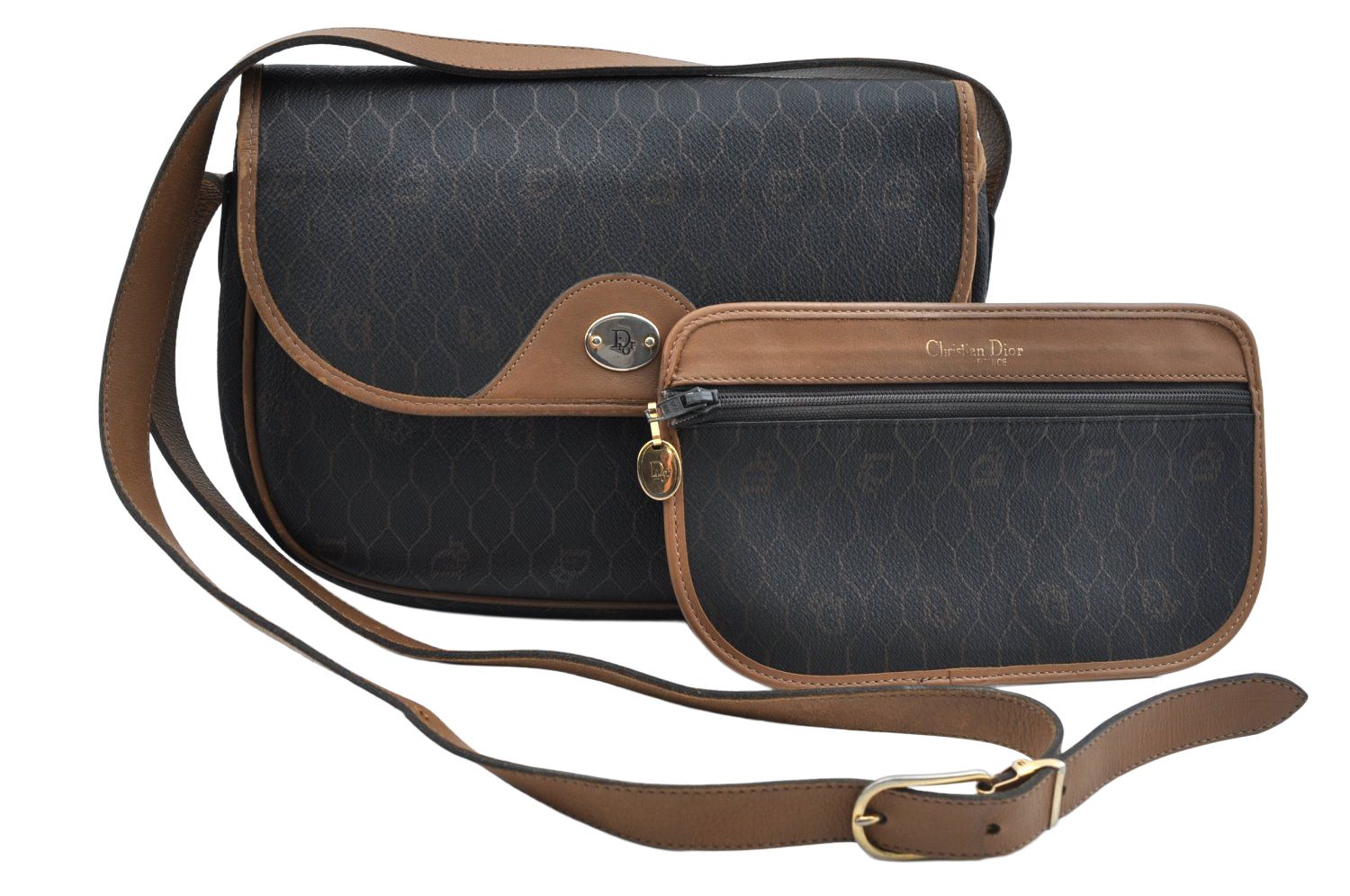 Christian Dior ディオール ハニカム柄 ショルダー クロスボディ バッグ ピーブイシー レザー ブラック L 2867