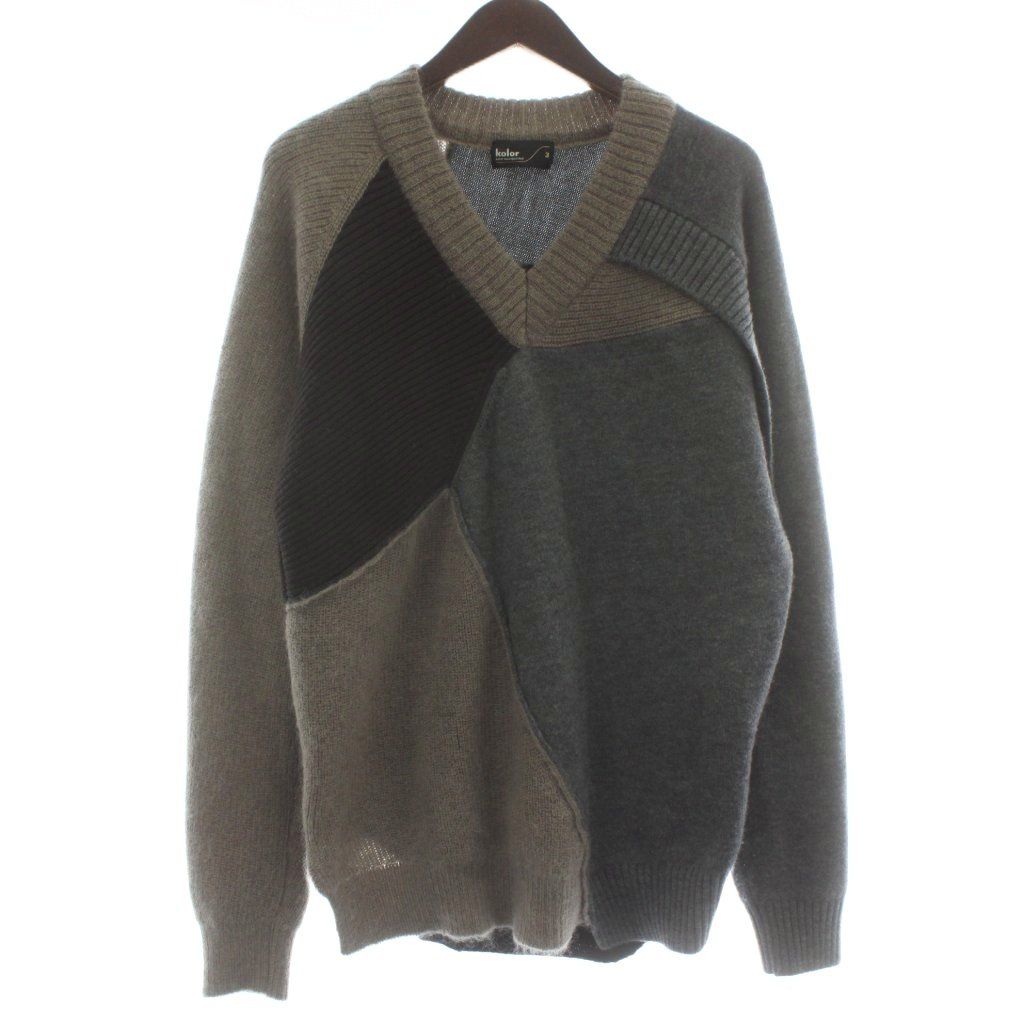 【中古】kolor キッドモヘア×エクストラファインウールSWITCHINGニット セーター 長袖 3 L 茶色 グレー 18WCM-N03302 カラー kolor キッドモヘア×エクストラファインウールSWITCHINGニット
